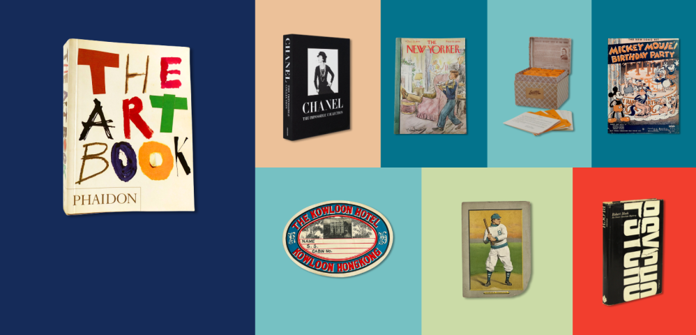 Various items from our gift guide: Phaidon's The Art Book, a vintage luggage tag from Hong Kong, and more.