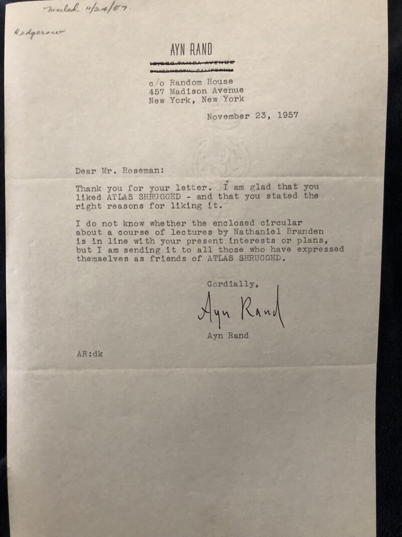 Typed Letter Signed by Ayn Rand