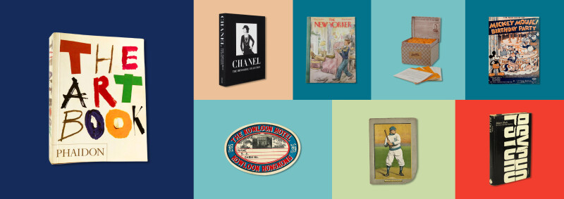 Various items from our gift guide: Phaidon's The Art Book, a vintage luggage tag from Hong Kong, and more.