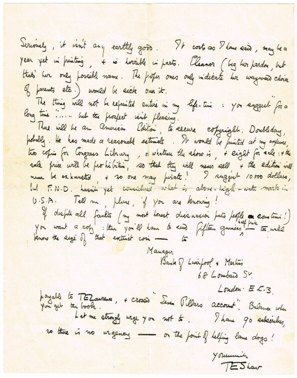 Autograph letter by T. E. Lawrence signed "TE Shaw"