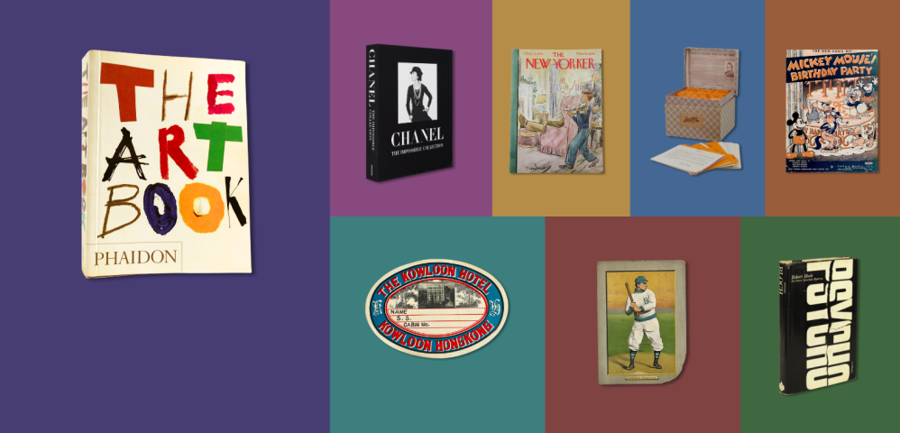 Various items from our gift guide: Phaidon's The Art Book, a vintage luggage tag from Hong Kong, and more.